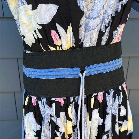 Vintage Chacok Floral V-Neck Dress with Blue Accents cotton side slits - Picture 5 of 13